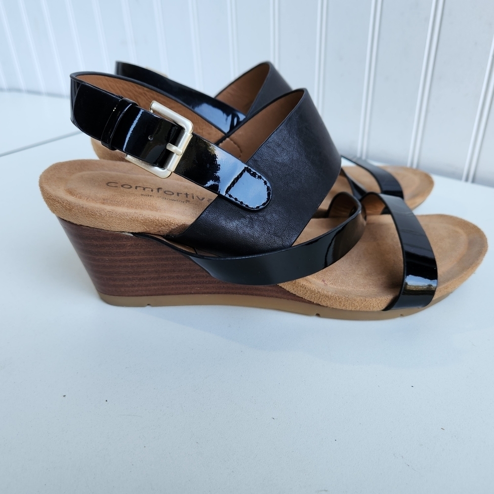 Comfortiva Pillowtop black Leather Strappy Back Wedge Sandals sz 8.5 M